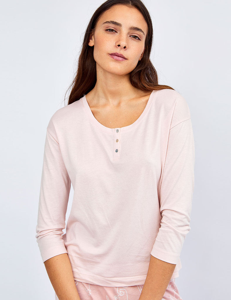 Pijamas para mujer algodón otoño invierno top polo manga larga rosada bebé claro