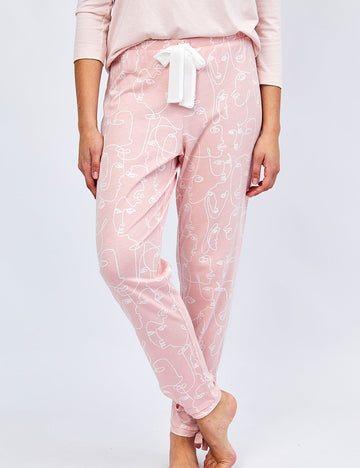 pijamas para mujer algodón otoño pantalón rosado con líneas blancas