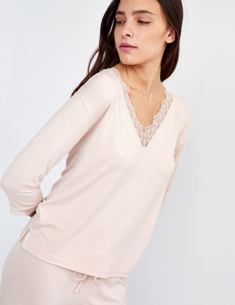 Pijama para Mujer Algodón Compra Online Ropa para Dormir Camisola Top Polo Rosa Claro Blonda